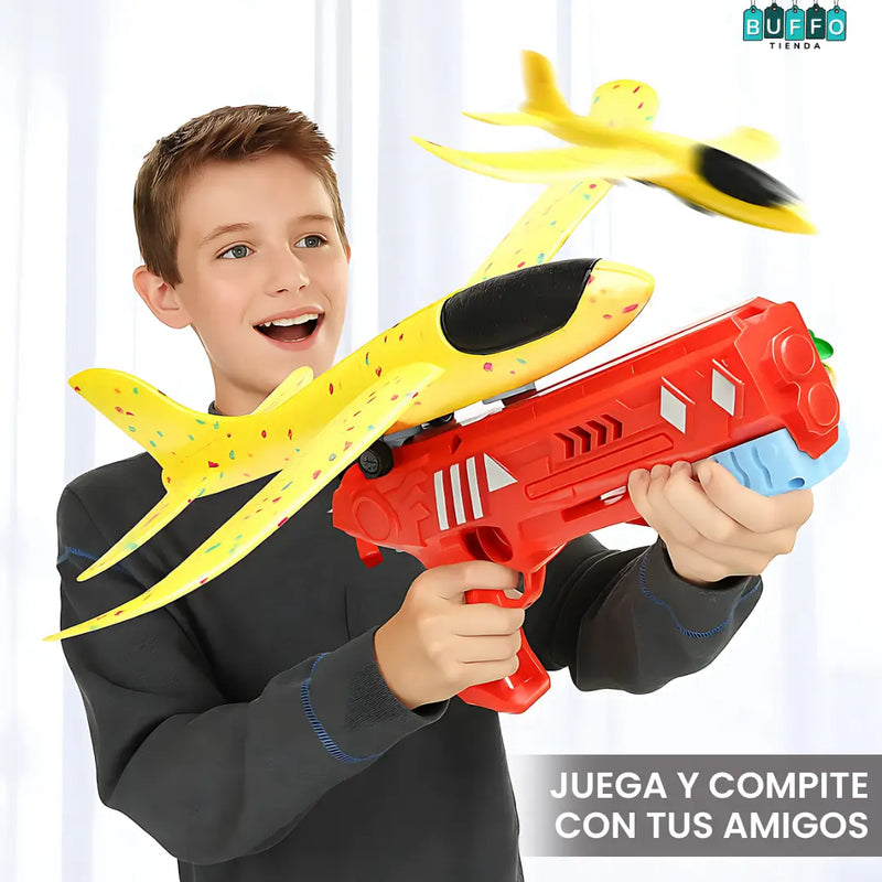 AVIÓN DE JUGUETE CON LANZADOR Y LUZ LED - JUEGA, COMPITE Y GANA