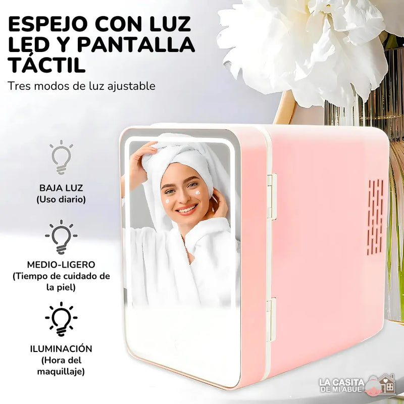 MINI NEVERA PARA COSMÉTICOS CON ESPEJO Y LUCES LED - MANTÉN LA CALIDAD DE TUS PRODUCTOS