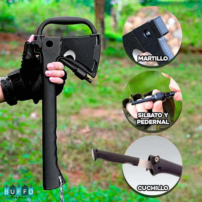 HACHA TÁCTICA DE SUPERVIVENCIA 4 EN 1- IDEAL PARA ACTIVIDADES DE CAMPAMENTO
