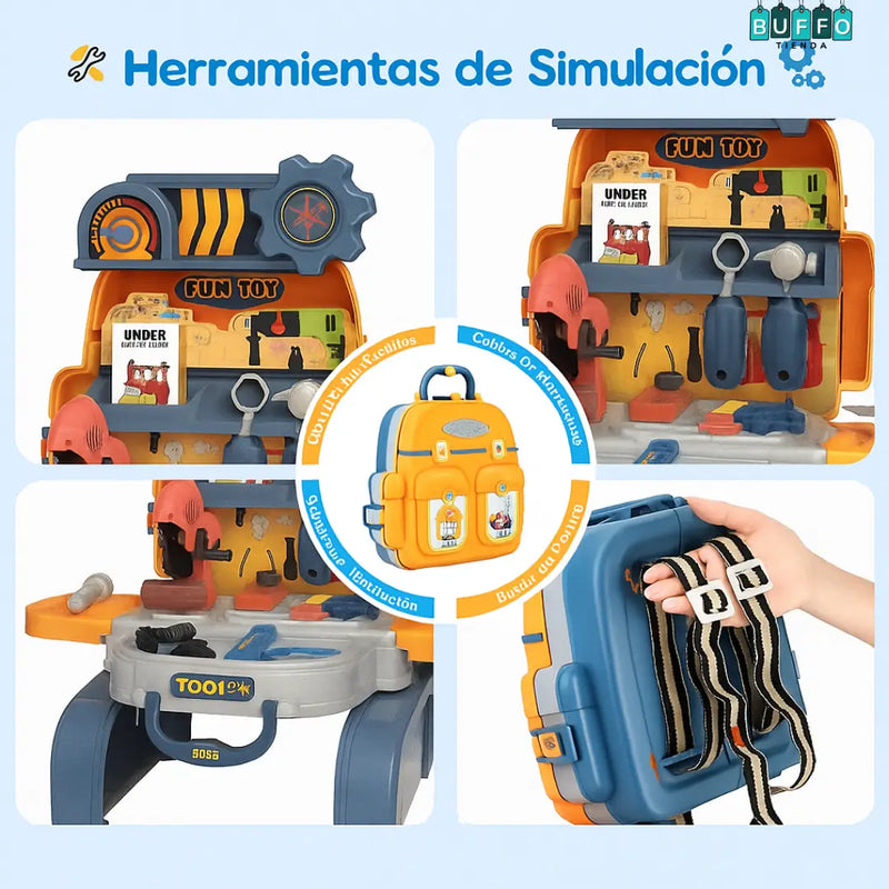 JUGUETE 3 EN 1 INGENIERO INFANTIL DE 25 PIEZAS - Taller portátil tipo mochila para soñadores
