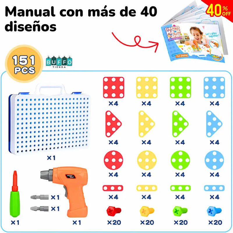 JUEGO DE TALADRO INFANTIL MONTESSORI - DIVIERTE Y DESARROLLA LA CREATIVIDAD + 252 PIEZAS INCLUIDAS