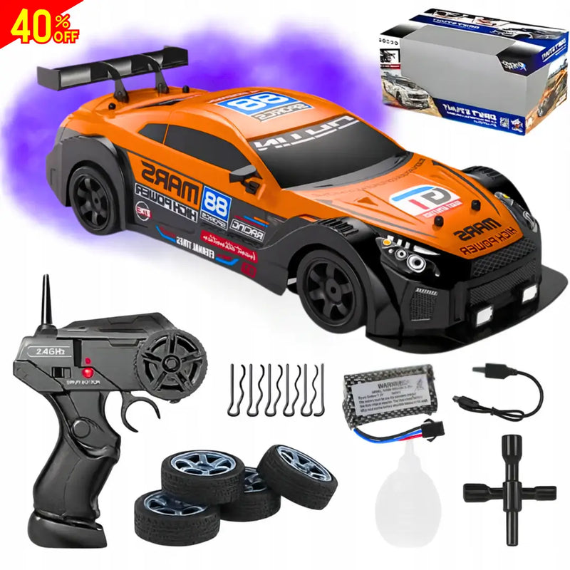 CARRO GT DRIFT 1:16 A CONTROL REMOTO CON LUZ LED Y CON EFECTO DE NITRO