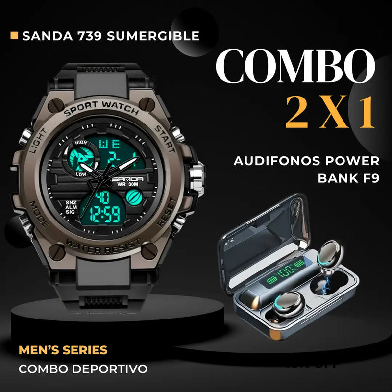 RELOJ DOBLE HORA SANDA 739 - RESISTENTE AL AGUA + Audífonos F9 inalámbricos
